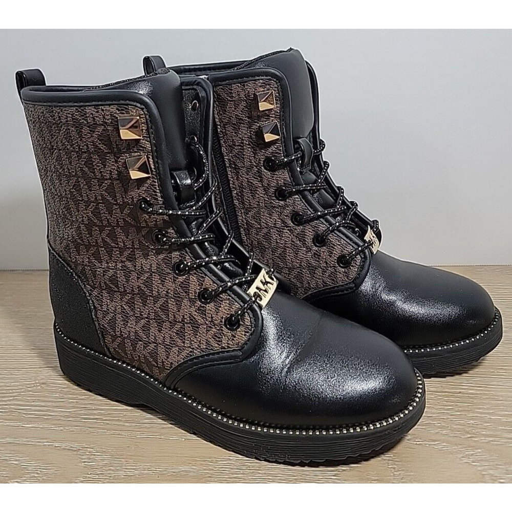 Michael‎ Kors Haskell Black & Brown Logo Combat Boots Y Sz 2